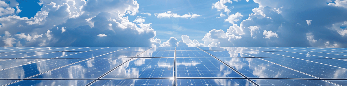 Solar Panels with bright blue sky and clouds